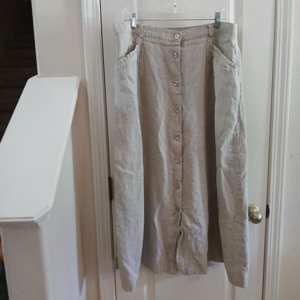 L.L. Bean Linen Button-Front Maxi Skirt in Light Beige